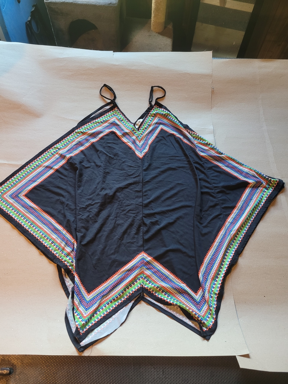 Meraki Black Swim Cover-up with Bright Multicolor Geometric Trim